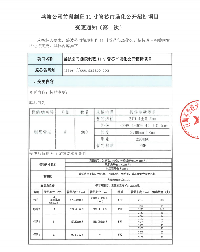 關(guān)于盛波公司前段制程11寸管芯市場(chǎng)化公開(kāi)招標(biāo)項(xiàng)目變更澄清函